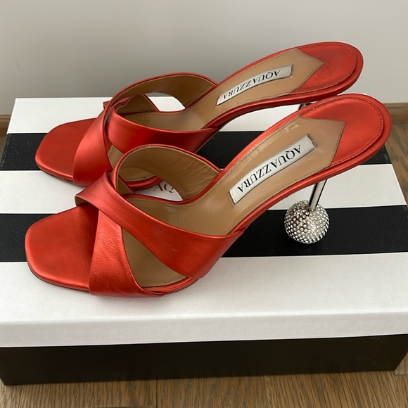 Aquazzura Shoes - Aquazzura Red-Orange Satin Crystal Ball Heel Slide Sandals size 9.5